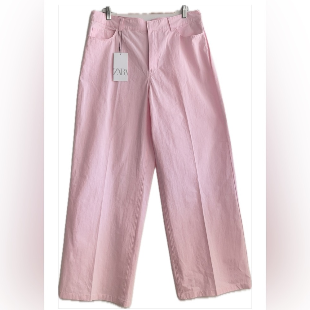 ZARA High-Rise Wide-Leg 100% Cotton Pants in Pink – NWT L